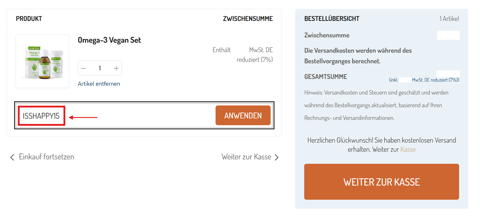 NORSAN Gutscheincode ISSHAPPY15 im Warenkorb einlösen