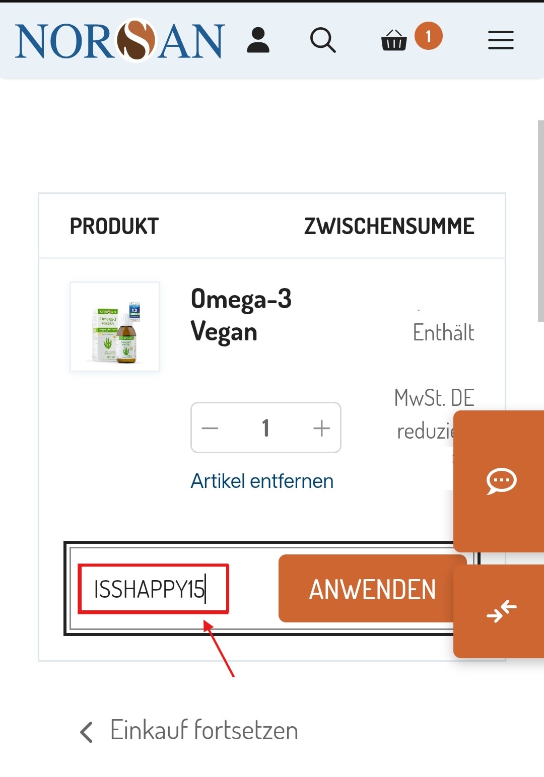 NORSAN Gutscheincode ISSHAPPY15 im Warenkorb einlösen