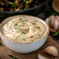 Veganer Knoblauch-Dip aus weiĂźen Bohnen in einer weiĂźen Schale, mit Schnittlauch bestreut, daneben Zitronenspalten und Knoblauchzehen