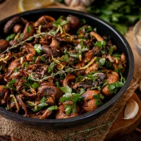 Vegane Pilzpfanne mit gebratenen Champignons und Austernpilzen, Petersilie und Zitronenabrieb, daneben eine Schale Knoblauchdip