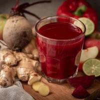 Ein Glas Rote Bete Saft mit Paprika, daneben eine halbierte rote Bete